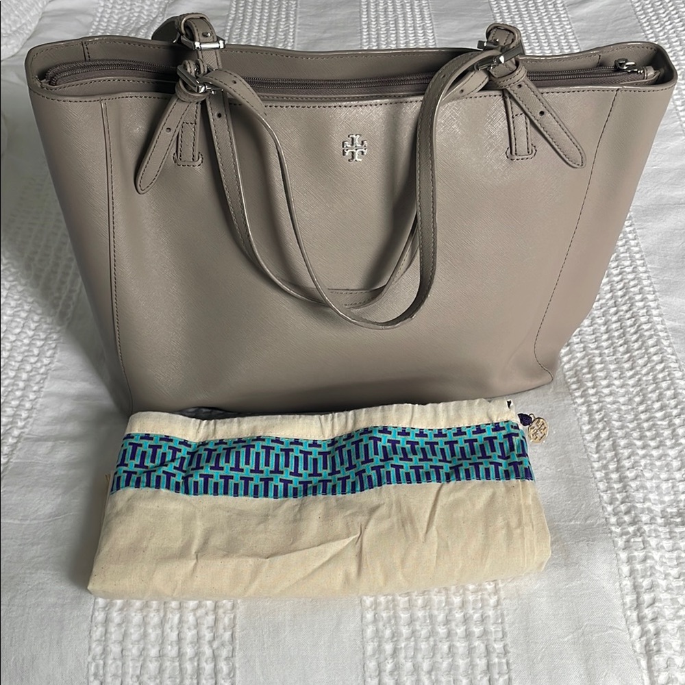 Tory Burch Taupe Leather Tote Bag With Dust Bag
